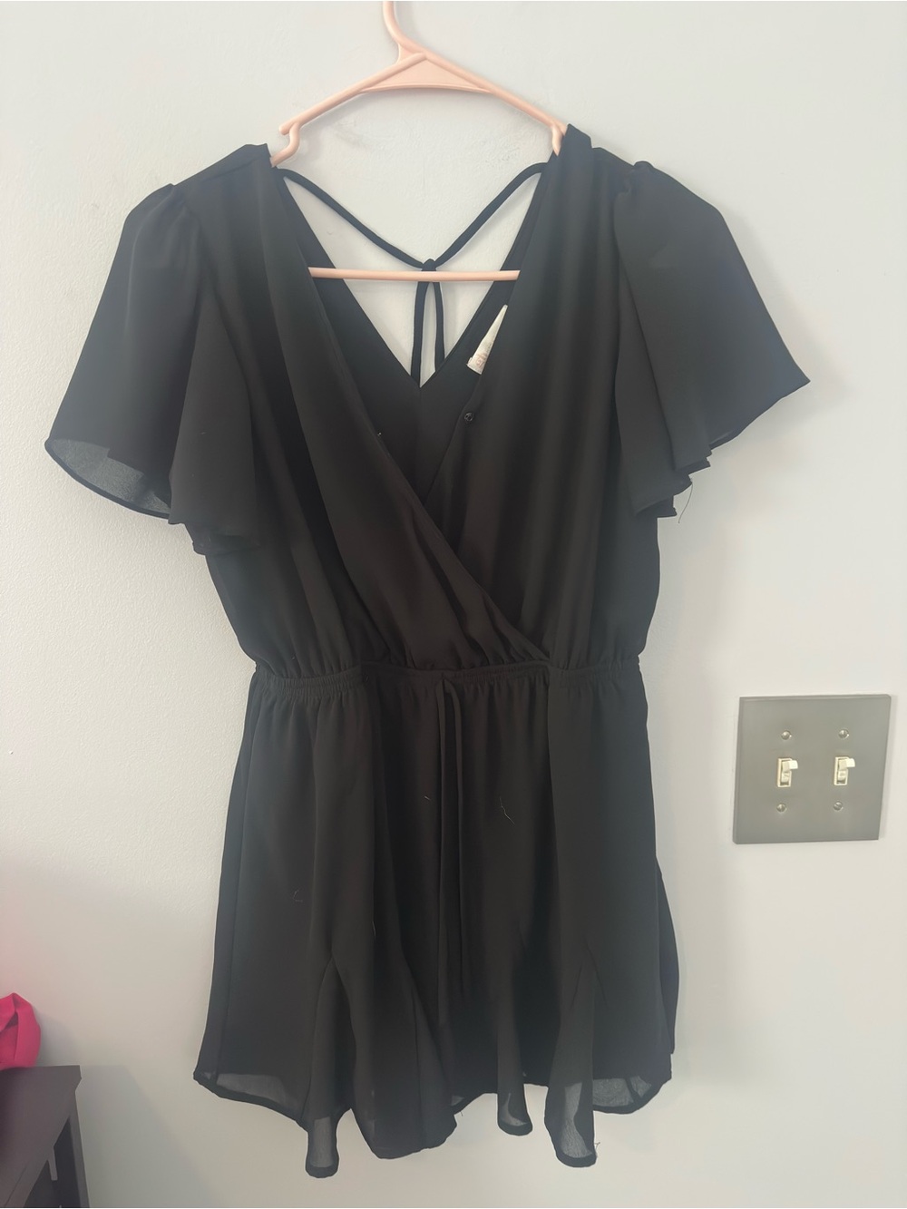 Black Flutter-Sleeve Wrap Romper with Back Tie
